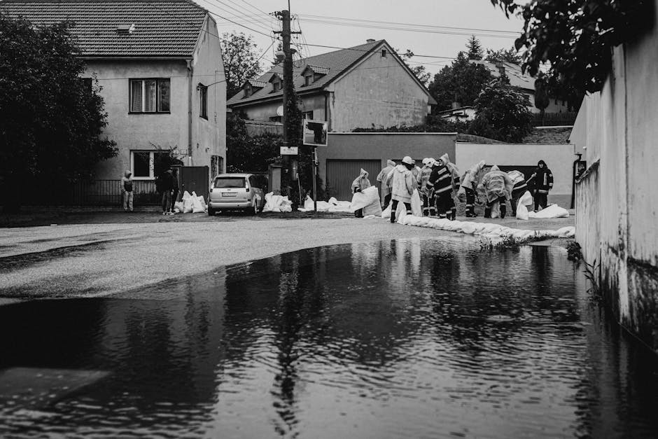 A group of emergency responders and workers in protective clothing are gathered in a residential street during a flood response, with large sandbags stacked against a wall to prevent further water intrusion. A silver car is parked on the wet asphalt, which reflects the surrounding houses, utility poles, and trees. The scene is set under an overcast sky with diffuse lighting, and neighboring houses with tiled roofs and trees are visible in the background. The area appears damp and involved in flood mitigation efforts, highlighting the importance of surface cleaning and disaster response by [COMPANY_NAME].