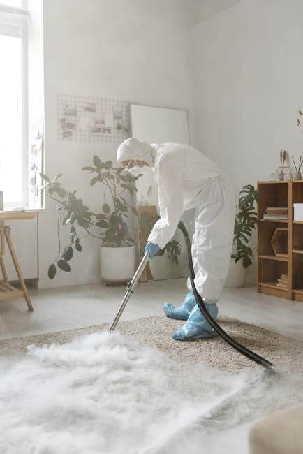 A professional cleaning specialist from Carpet Cleaning Pimlico is performing deep surface cleaning on a beige, plush carpet in a bright, well-lit living room. The worker is dressed in a full white protective suit, gloves, a face mask, and boot covers, using a large vacuum or extraction machine with a hose to thoroughly clean the carpet. The room features a white wall with a window allowing natural light, a wooden shelving unit with decorative items, and potted indoor plants, all giving a tidy and hygienic appearance. The scene emphasizes domestic cleaning and sanitisation processes aimed at maintaining a clean, fresh environment near SW1V, Pimlico.