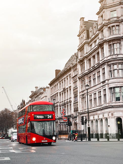A red double-decker bus on a city street in Pimlico, London, passing historic white stucco buildings with large bay windows and ornate architectural details. The street features a black lamppost, pedestrian crossings, and a cyclist riding nearby. The scene is captured during daylight with overcast weather, showcasing the urban environment near SW1V. The image emphasizes the lively street scene typical of Pimlico, with the bus symbolizing local transportation. Carpet Cleaning Pimlico provides professional cleaning services, ensuring hygiene and surface sanitisation in residential and commercial properties, as referenced on the 'Pimlico Carpet Cleaning Prices' webpage.